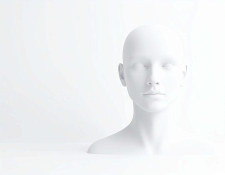A digitally rendered 3d model of a human head and shoulders is shown against a plain white background. The figure has no eyes and is monochromatic.の素材
