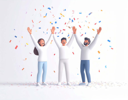 Three 3d people, two men and a woman, celebrate under falling confetti. They are smiling and have their arms raised in a gesture of triumph. The background is clean and white.の素材