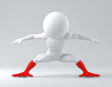 A three dimensional human figure with a spherical head is standing in a wide stance. The figure is white, except for its red feet, and appears strong and powerful, set against a white background.の素材