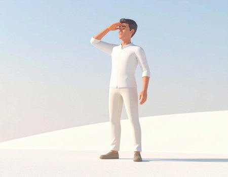A 3d rendered human, dressed in white, is standing on a white surface. He is looking into the distance, with his hand shading his eyes from the sun, under a clear blue sky.の素材