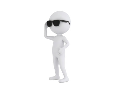 A humanoid figure stands confidently, wearing sunglasses, in a simple and clean setting. The character exudes a casual and playful vibe, showcasing a fun personality.の素材