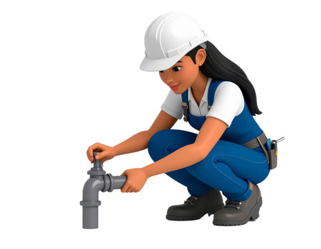A 3D humanoid character is focused on tightening a plumbing valve while kneeling on the ground. She wears a hard hat and overalls, showcasing her professionalism in the construction field.の素材