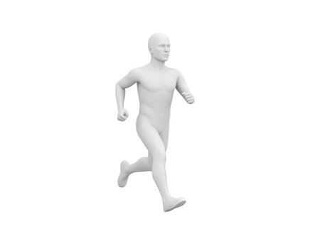A 3D human figure is depicted in a dynamic running position, showcasing an athletic stance. The figure is designed with neutral colors and lacks detailed features, emphasizing movement and form.の素材