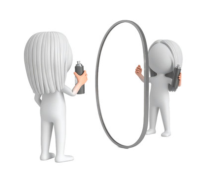 A 3D humanoid figure stands in front of a mirror, holding a spray can. The character is engaged in a creative act, balancing artistic expression and reflection.の素材