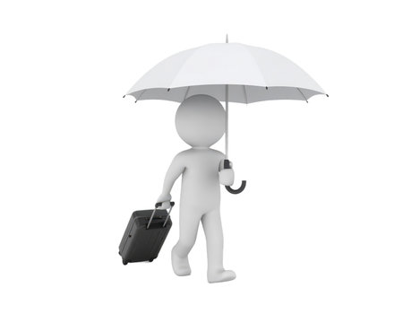 A humanoid figure walks confidently while holding a suitcase in one hand and an umbrella in the other. The character appears ready for travel or an adventure in a vibrant, minimal setting.の素材