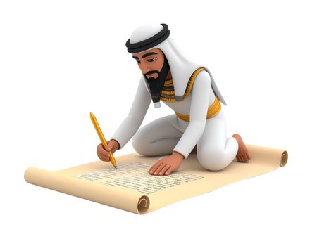 A humanoid figure dressed in traditional attire is kneeling on the ground, writing on a large scroll with a golden pen. The scene suggests historical significance and cultural heritage.の素材