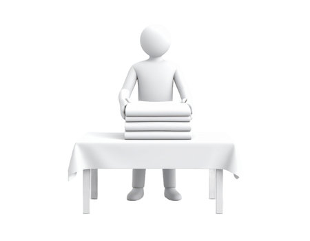 A humanoid figure is carefully folding freshly laundered towels on a white table. The setting is bright and minimalistic, contributing to a calm atmosphere.の素材