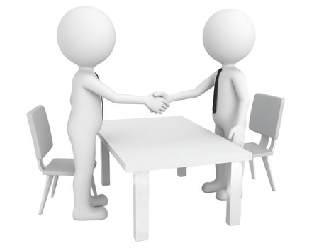 Two 3D humanoid figures dressed in ties shake hands while standing beside a white table. The bright, simple room features two empty chairs, showcasing a business agreement.の素材