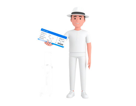A humanoid figure stands confidently, dressed in white attire and a trendy hat, while holding a boarding pass. This character appears ready for an adventure, showcasing a modern style.の素材