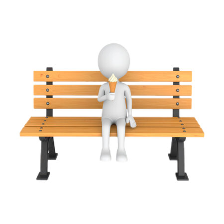 A 3D humanoid figure sits on a wooden bench, happily eating an ice cream cone. The scene captures a relaxed moment, likely in a park setting, under clear skies.の素材