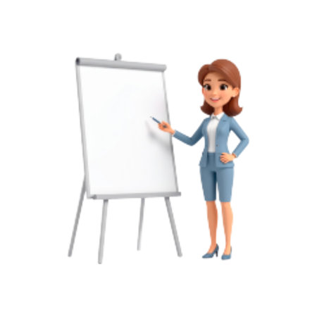 A humanoid character stands confidently beside a blank presentation board, holding a pen. Dressed in professional attire, they appear ready to share ideas.の素材