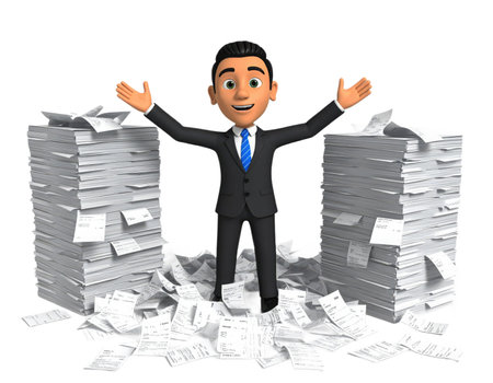 A 3D humanoid figure stands joyfully among massive stacks of paperwork. The character raises arms in excitement while dressed in a suit, depicting a lively office atmosphere.の素材