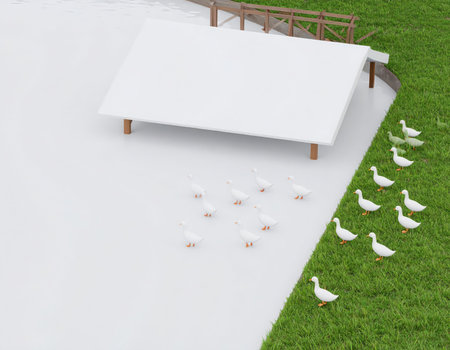 A humanoid character stands by a calm lake, observing a group of ducks walking across the grass. A simple shelter is nearby, creating a peaceful scene in nature.の素材