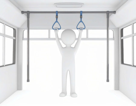 A stylized 3d human figure is hanging from two blue handholds inside of a bus or train. The interior is white and gray, with windows on either side of the figure.の素材