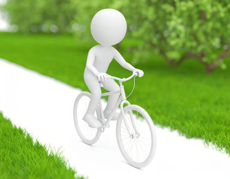 A 3D humanoid figure is riding a bicycle down a white path surrounded by green grass and trees. The setting is peaceful, capturing a moment of outdoor activity and enjoyment.の素材