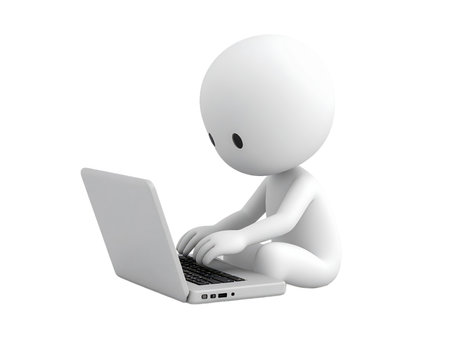 A simple 3D humanoid figure is focused on typing on a laptop. The character is posed in a squatting position, showcasing a minimalist and modern design.の素材