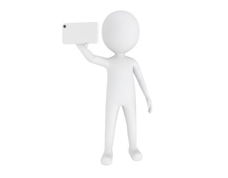 A humanoid figure holds a smartphone up, capturing a selfie. The character is designed in a minimalist style, set against a plain background. The focus is on the action of taking the picture.の素材
