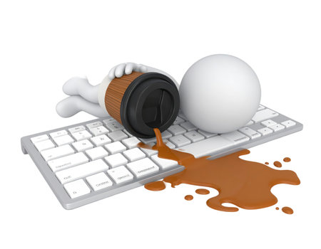 A playful 3D humanoid figure is lying on a keyboard, having accidentally spilled a cup of coffee. The scene captures a lighthearted moment of potential chaos in an office setting.の素材