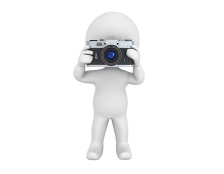 A three-dimensional rendering of a small white human figure stands on a white background, holding a retro style camera up to its face as if taking a picture.の素材
