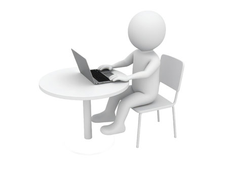 A simplistic 3d rendering shows a gray stick figure, seemingly made of clay or plastic, seated at a round table using a laptop computer. The figure is on a chair in a stark white studio.の素材