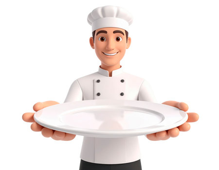 A 3d cartoon chef wearing a white uniform and hat holds out a clean, empty white plate, ready to serve a meal. He smiles gently, presenting the plate to the viewer.の素材