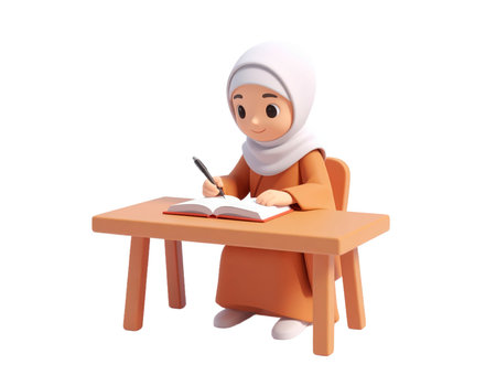 A 3d cartoon of a Muslim girl wearing a hijab. She is sitting at a desk, writing with a pen in an open book. It is isolated on a white background.の素材