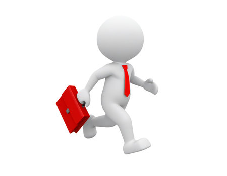 A white 3d cartoon figure wearing a red tie is running. The figure is also holding a red briefcase in its left hand. The background is plain white.の素材
