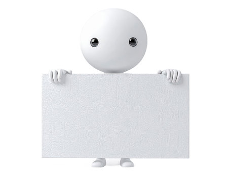 A simple three dimensional human figure with a spherical head, and simple facial features, is holding a large, blank white rectangular sign with both hands. The background is plain white.の素材