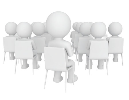3d rendered figures are sitting on white chairs. They are arranged in rows and are facing forward. The figures look like an audience during a conference.の素材