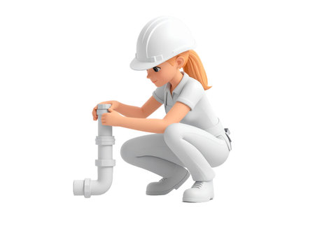 A 3d female character dressed as a plumber is shown squatting, holding a white drain pipe fitting. She wears a white hard hat, a white shirt and pants, and white shoes.の素材