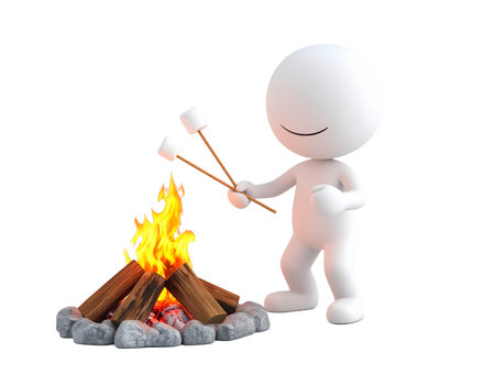 A white 3d human figure is roasting marshmallows over a campfire. The marshmallows are on sticks. The campfire is surrounded by rocks. The human figure is smiling.の素材
