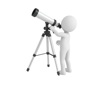 A white 3d human figure is depicted looking through a white telescope mounted on a silver tripod. The human is adjusting the telescope for a better view on a white background.の素材