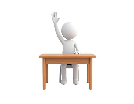 A simplistic 3d human figure is seated at a light wooden desk with a raised hand. The figure appears to be asking a question or answering in a school setting.の素材
