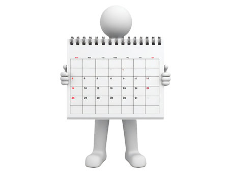 A simplistic, 3D stick figure stands on a white backdrop. The figure holds a calendar, displaying dates and days of the week. The scene uses white space and simple design.の素材