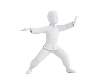 A 3d figure, rendered in white, is doing a Tai Chi pose. The character is wearing traditional chinese clothing. The background is a plain white.の素材