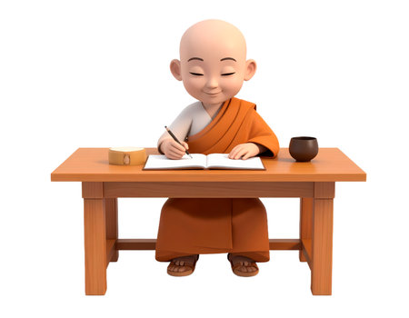 A 3d-rendered young monk, wearing a traditional orange robe, sits at a wooden desk. He is writing in a book with a pen and smiling gently, appearing calm and peaceful.の素材