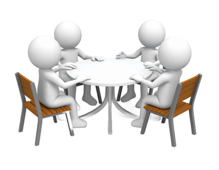 Four 3d stick figures are sitting at chairs around a round table. They seem to be in a meeting or discussion. The table and chairs are basic and modern.の素材