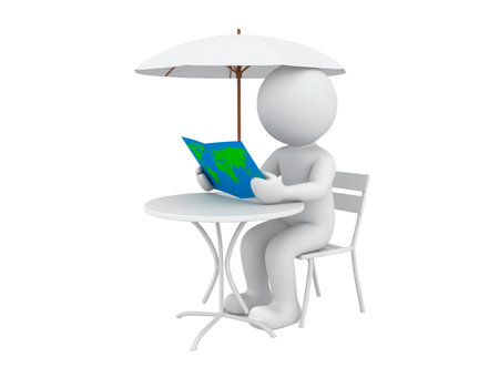 A 3d rendering shows a white person seated at a white table, holding an open world map, under a white umbrella. Person seems to be preparing for a trip.の素材