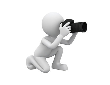 A 3d rendered human model is kneeling. The model appears to be taking a picture while holding a camera with a very large lens on a white background.の素材
