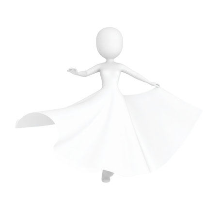 A 3d stylized human figure is dancing. The figure is wearing a long, flowing white dress. The backdrop is a plain white isolated background. The figure appears to be in motion.の素材