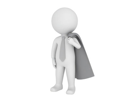 A three-dimensional stick figure, rendered in white, is standing on a plain white backdrop. The figure wears a tie and has a gray cape draped over its shoulder, conveying a sense of power.の素材