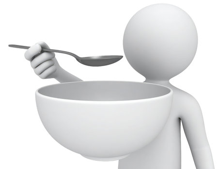 A white 3d figure holds a large white bowl and a silver spoon. The figure appears ready to eat, offering the bowl as if asking for it to be filled.の素材