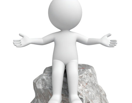 A white three-dimensional humanoid figure stands atop a textured gray rock formation with arms outstretched, symbolizing achievement, opportunity, welcome, or presentation.の素材