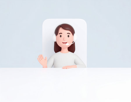 A 3D animated character of a woman wearing a headset with a microphone, waving her hand. She represents a virtual assistant or customer service agent, suitable for concepts of online support, communication, and digital interaction. The background is simple and light.の素材