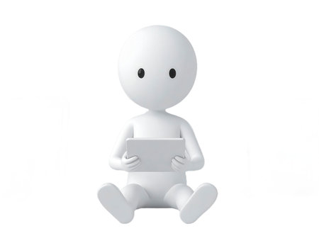 A minimalist 3D rendered white figure, resembling a simplified person or manikin, is seated, holding a small, rectangular digital tablet device horizontally with both hands. The figure's design is smooth and abstract, featuring a spherical head and body. This visual represents concepts of technology use, digital interaction, learning, or communication.の素材