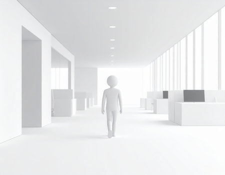 A bright, minimalist rendering of a modern office interior, characterized by clean lines and an abundance of white and light gray tones. A stylized 3D human figure walks forward through a long corridor, illuminated by natural light streaming in from large windows on the right side. The perspective emphasizes depth, leading the eye towards the figure and the bright background. On the right, hints of cubicle structures or desks suggest a contemporary workspace environment. This scene conveys a sense of spaciousness, order, and a futuristic or serene atmosphere. It represents themes of journey, progress, solitude, or the individual within a corporate setting.の素材