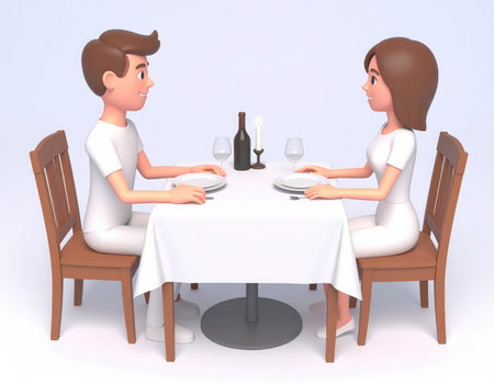 A 3D rendering featuring a man and a woman animated character enjoying a romantic dinner. They are seated at a restaurant table, elegantly set with a white tablecloth, plates, cutlery, wine glasses, and a bottle of red wine, against a simple, light background. This illustrates a date night, special occasion, or intimate dining experience.の素材
