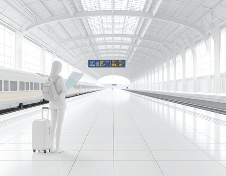 A clean, minimalist white train station platform with a solitary figure holding a map and standing next to a rolling suitcase. A modern train is visible on the tracks, and a departure board is in the distance, suggesting travel and transit.の素材