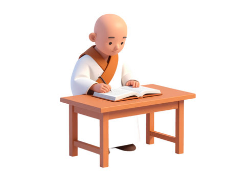 A 3D rendered character of a young, bald monk wearing traditional robes, diligently reading a book while seated at a small wooden desk. The scene conveys a sense of peaceful study, learning, and cultural tradition, suitable for themes of education, wisdom, and spiritual development.の素材