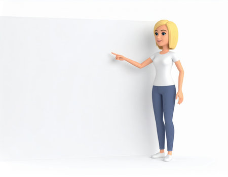 A cheerful 3D rendered cartoon woman with blonde hair, dressed in a white t-shirt and blue trousers, stands against a plain white background. She is actively pointing with her right hand towards an empty space on the left side of the frame, clearly indicating an area suitable for incorporating text, graphics, or various content. This versatile digital illustration is suitable for presentations, announcements, marketing materials, educational content, or demonstrating concepts.の素材